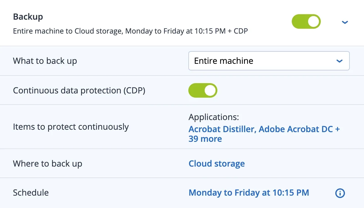 Acronis console showing combined backup and security monitoring