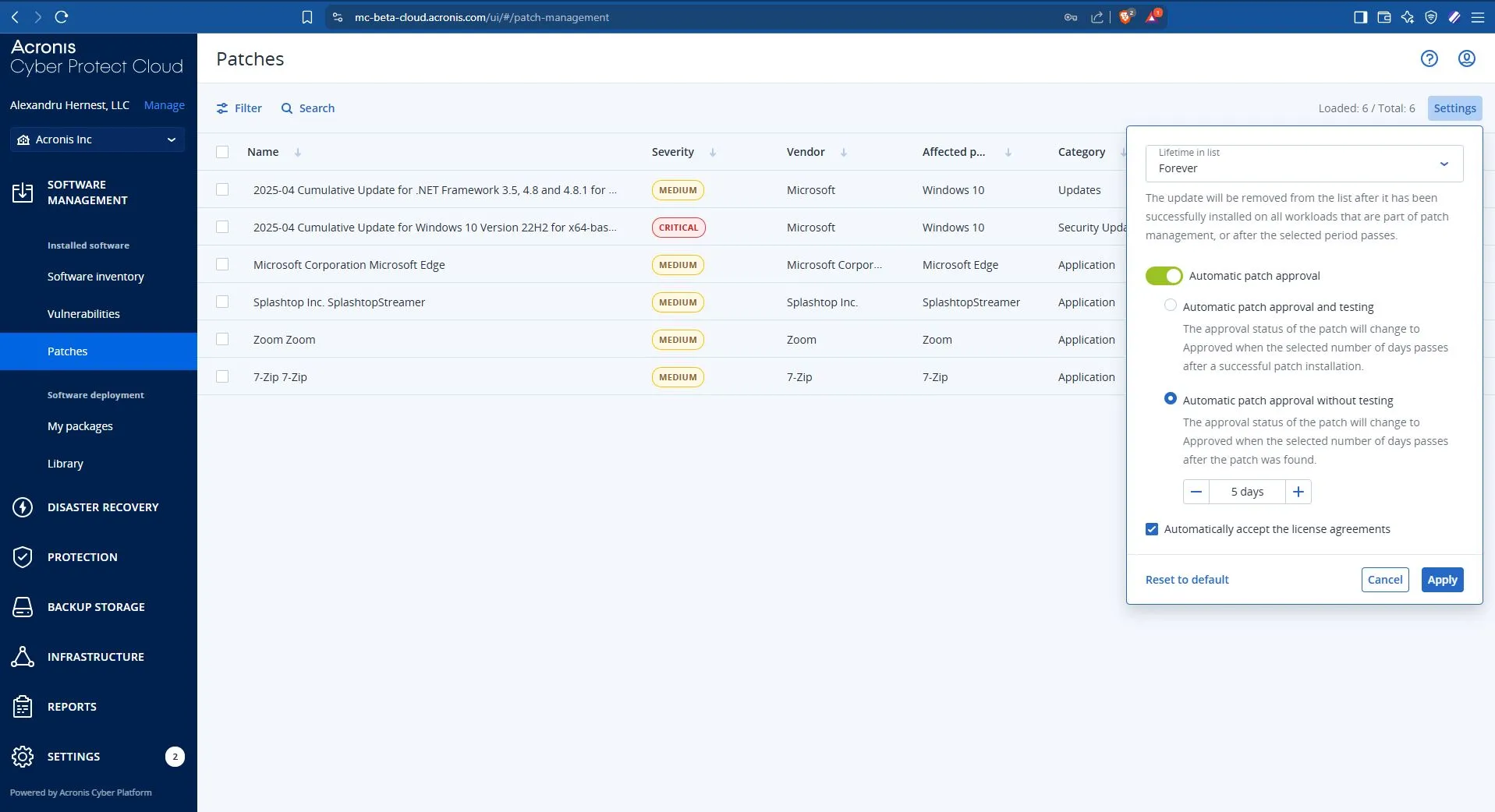 Acronis RMM dashboard showing automated patching status and vulnerability scoring