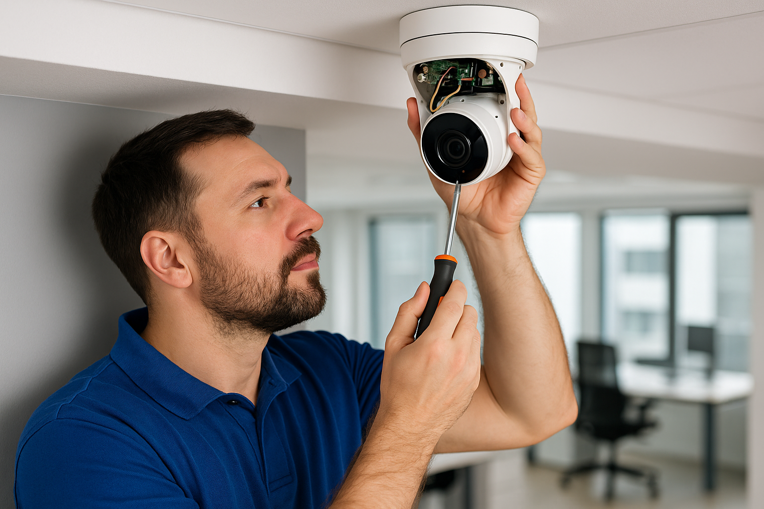 A secure CCTV camera monitoring a modern Dubai office
