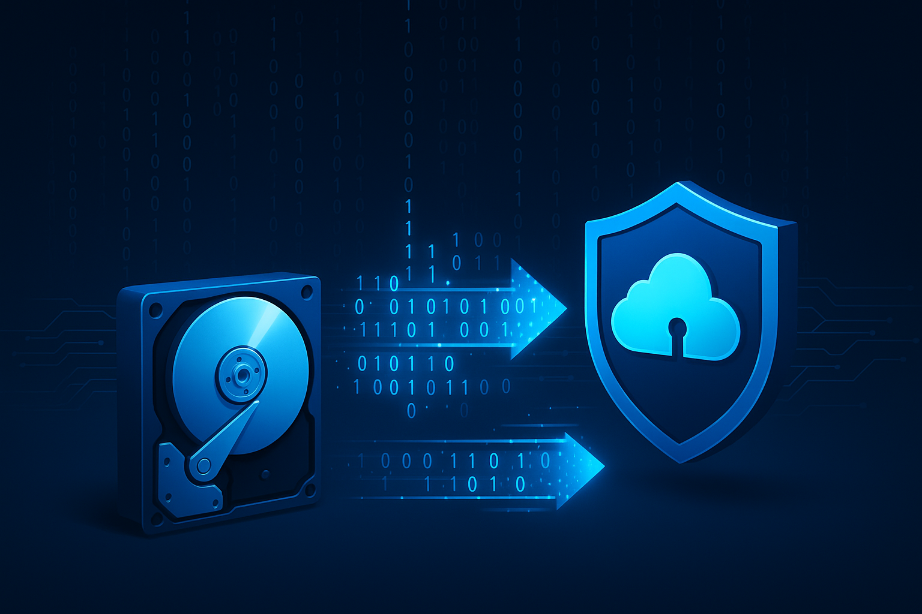 A graphic showing data being copied from a hard drive to a secure backup
