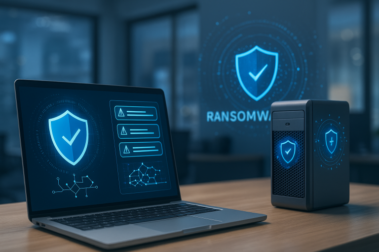 A shield deflecting digital threats like viruses and ransomware