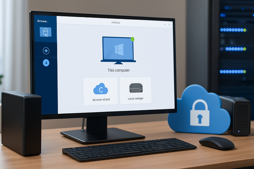 A graphic showing data being backed up to both a local drive and the cloud