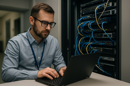 A network engineer inspecting a server rack with routers and switches