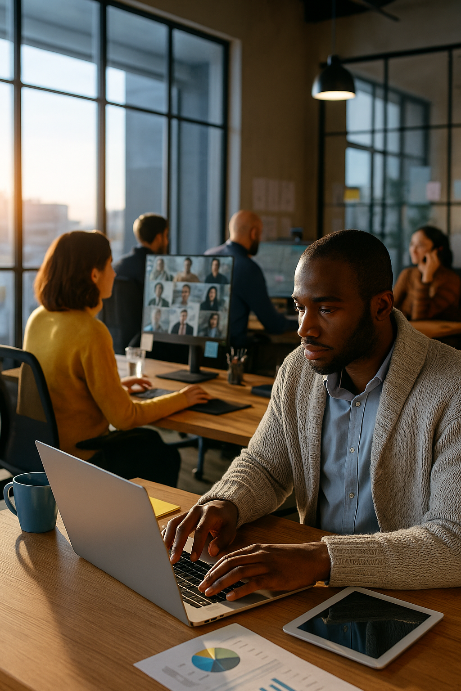 A modern Dubai office with employees collaborating over a fast WiFi network