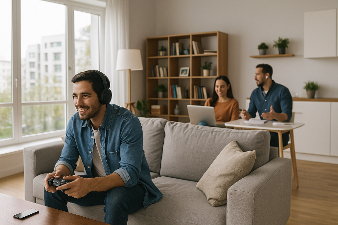 A person happily using a laptop in a modern Dubai apartment with a strong wifi signal